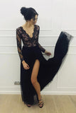 A-line lace long sleeves tulle floor length black prom dress mg148