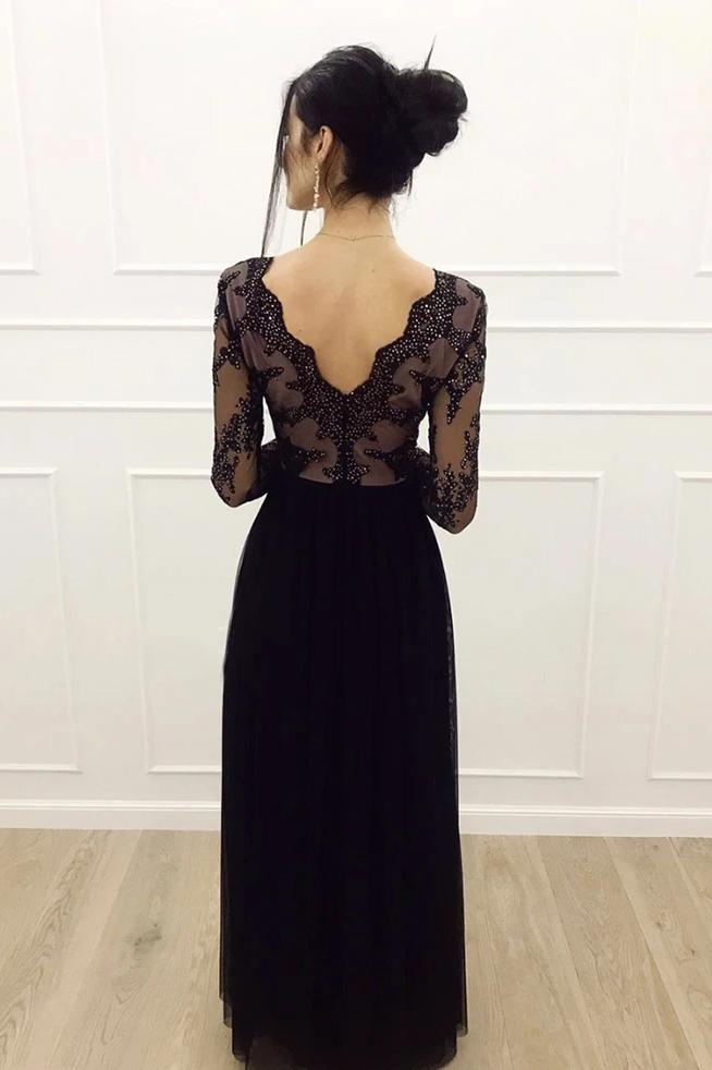 A-line lace long sleeves tulle floor length black prom dress mg148