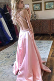 Backless A-line Halter Pink Satin Prom Dresses Formal Party Gown MP10