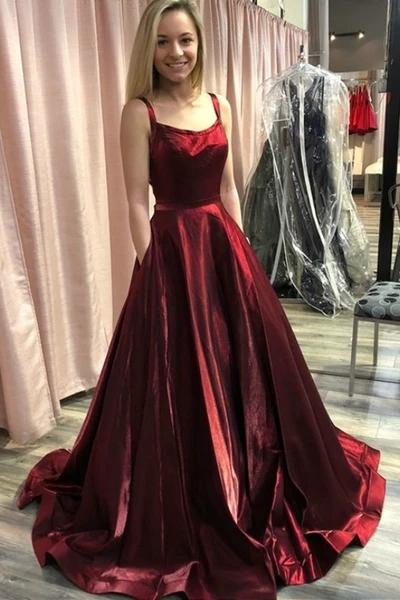 A-line burgundy prom dress with pockets, straps long formal gown mg292