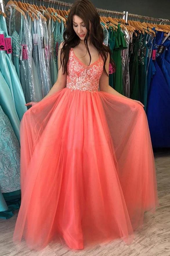 A-line v neck tulle coral long prom dresses with lace applique mg122
