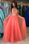 A-line V Neck Tulle Coral Long Prom Dresses With Lace Applique MG122