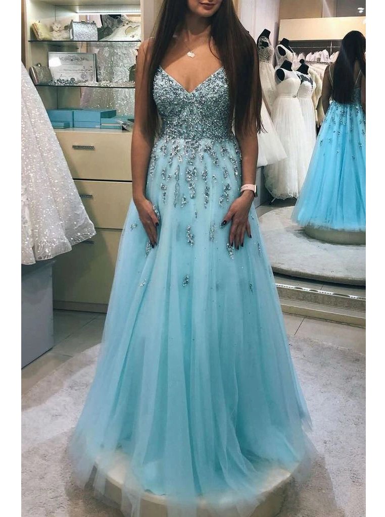 A-line v-neck beaded prom dresses tulle floor length party gowns mg294