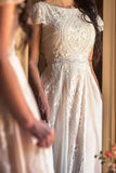 Modest Beach Wedding Dresses, Lace Chiffon Boho Bridal Gown PW09
