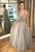 A line v neck long tulle prom dresses beaded grey evening dresses mg134