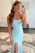 strapless light blue beaded mermaid long prom dress evening gown with split