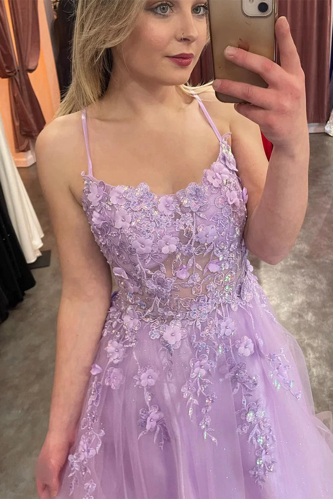 spaghetti straps tulle lilac floral prom dress long evening dress