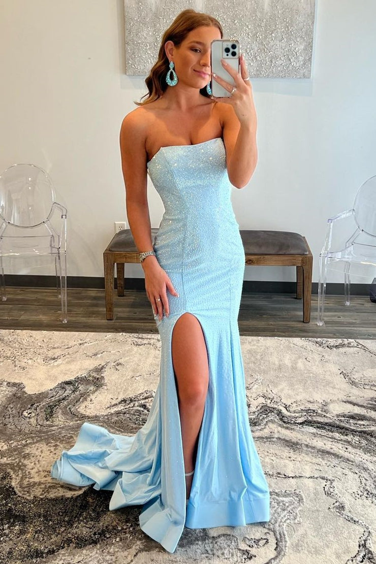 Strapless Light Blue Beaded Mermaid Long Prom Dress, Evening Gown With Split GP230