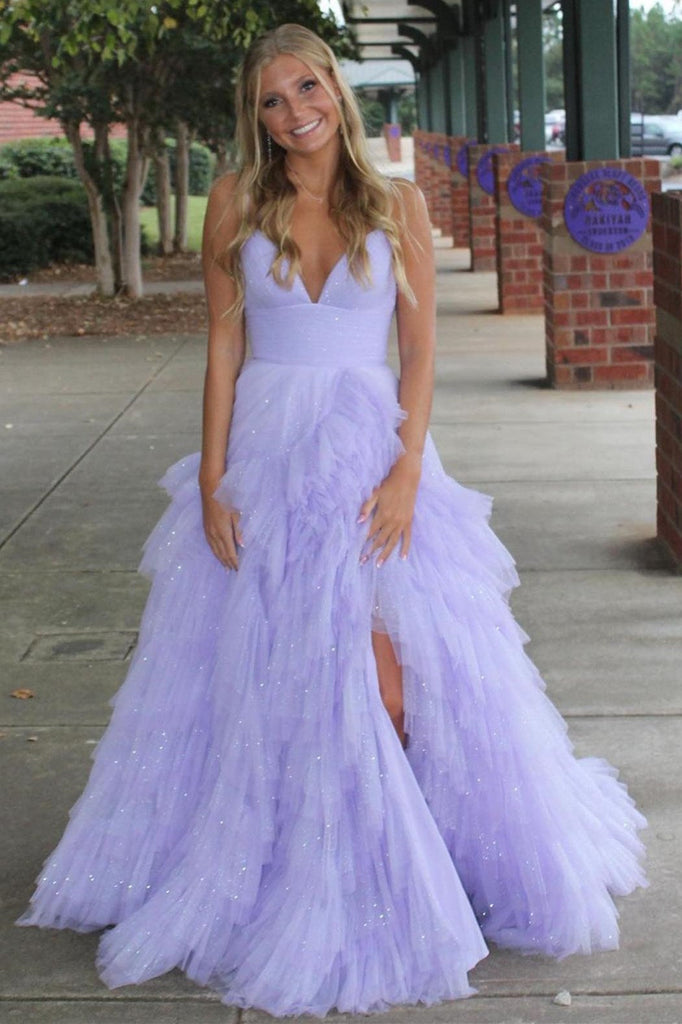 tulle princess lavender tiered long graduation prom dresses with ruffles