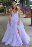 Tulle Princess Lavender Tiered Long Graduation Prom Dresses with Ruffles GP538