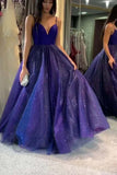 Sparkly Tulle A-line V-neck Long Royal Blue Sleeveless Prom Dresses MG137
