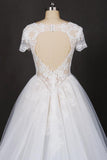 A-line Short Sleeves Lace Appliques Wedding Dress Keyhole Back Bridal Gown PW98