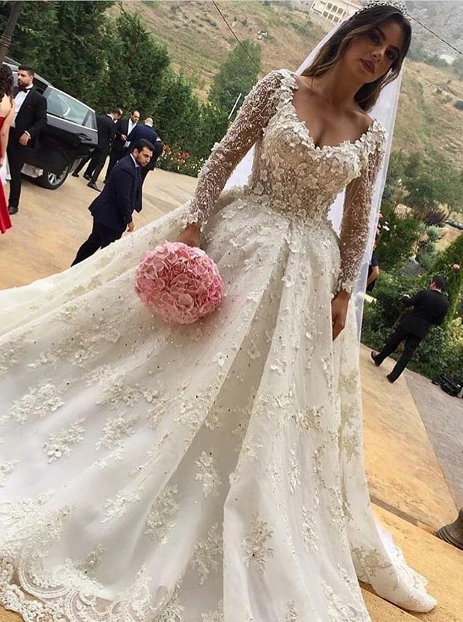 V-Neck Long Sleeves Ball Gown Wedding Dress with Appliques PW24