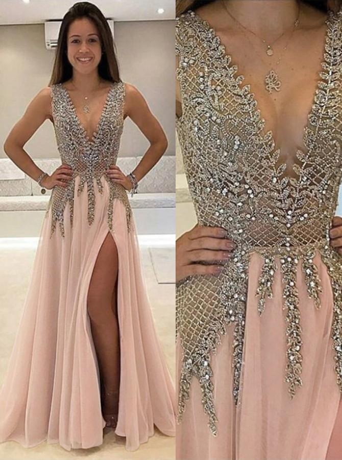 luxurious a line v neck beads open back tulle slit prom dresses