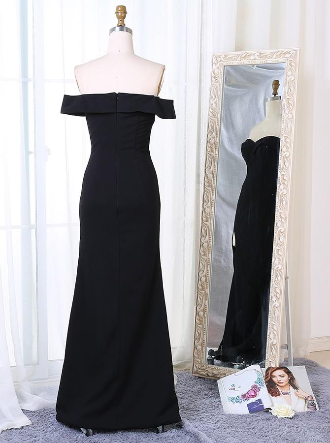 off shoulder sheath split black long prom dress black evening gown