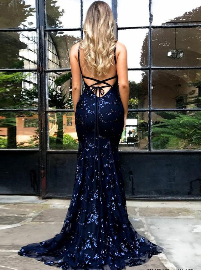 spaghetti straps mermaid tulle sequined backless prom dress