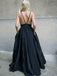 simple a line spaghetti straps satin backless black prom dress with pockets