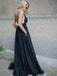 simple a line spaghetti straps satin backless black prom dress with pockets
