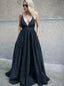 Simple A-Line Spaghetti Straps Satin Backless Black Prom Dress with Pockets MP1000