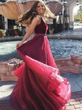 elegant a line v neck beading waist chiffon long burgundy prom dress