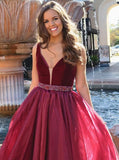 Elegant A-Line V-Neck Beading Waist Chiffon Long Burgundy Prom Dress MP999