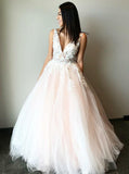 stunning wedding dress a line v neck tulle prom dress with appliques