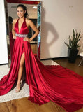 A-Line Plunging Neckline Beading Satin Prom Dress with Split MP988