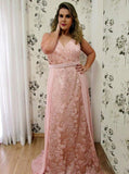 A-Line V-Neck Lace Plus Size Prom Dress, Overskirt Evening Dress with Beading MP1006