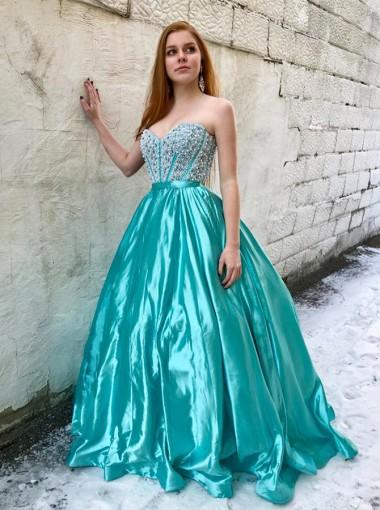 a line sweetheart beading sweep train ball gown long prom dress