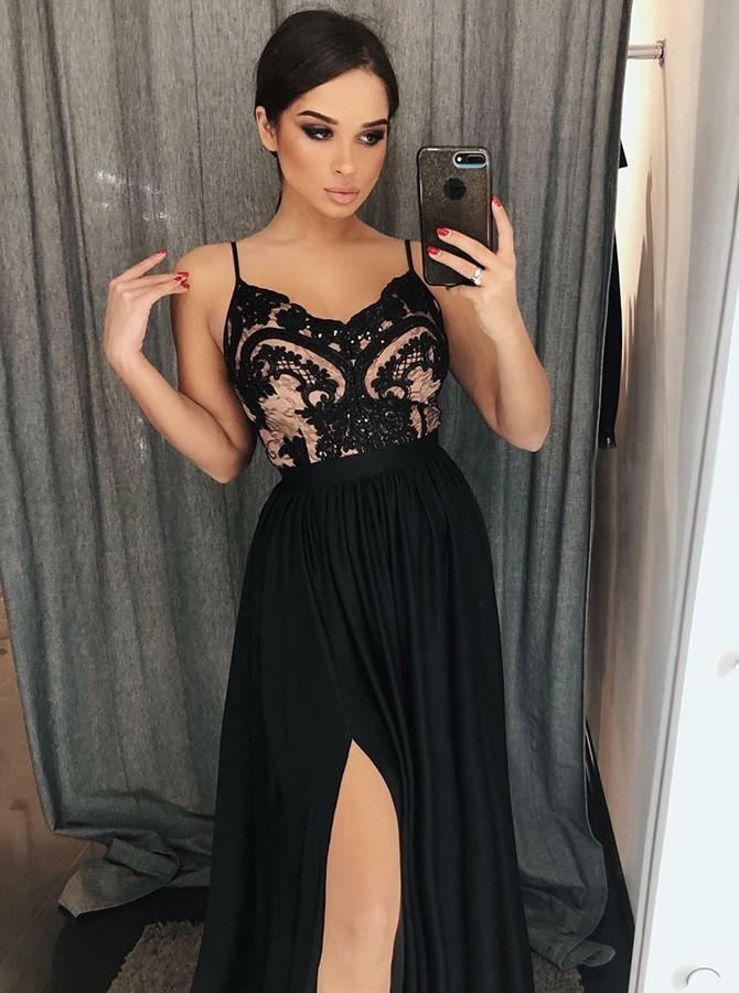 spaghetti straps black prom dress with lace a line long slit evening dress