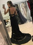 black mermaid trumpet deep v neck satin backless prom dress