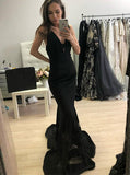 black mermaid trumpet deep v neck satin backless prom dress