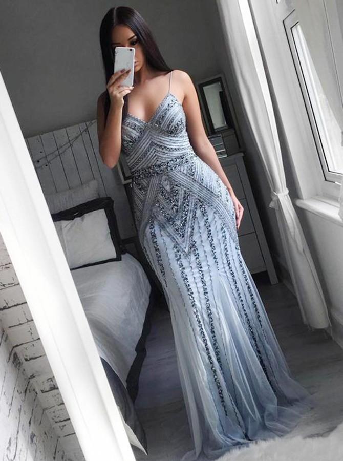 gray spaghetti straps tulle long mermaid plus size prom dress
