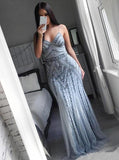 Sexy Spaghetti Straps Tulle Long Mermaid Plus Size Prom Dress MP1028
