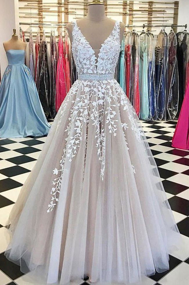 A-line Tulle Long Backless Prom Wedding Dress, V neck Lace Applique Wedding Dress PW282