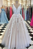 A-line Tulle Long Backless Prom Wedding Dress, V neck Lace Applique Wedding Dress PW282