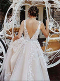 a line tulle long backless prom wedding dress, v neck lace applique wedding dress pw282