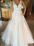 a line tulle long backless prom wedding dress, v neck lace applique wedding dress pw282