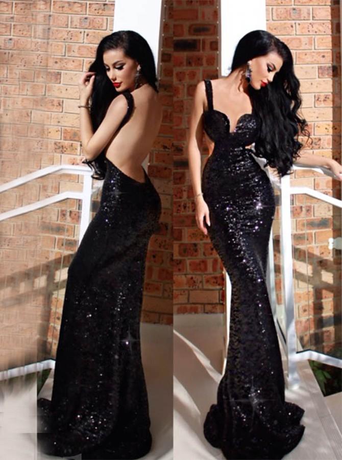 sequined straps cut out mermaid backless long prom dress