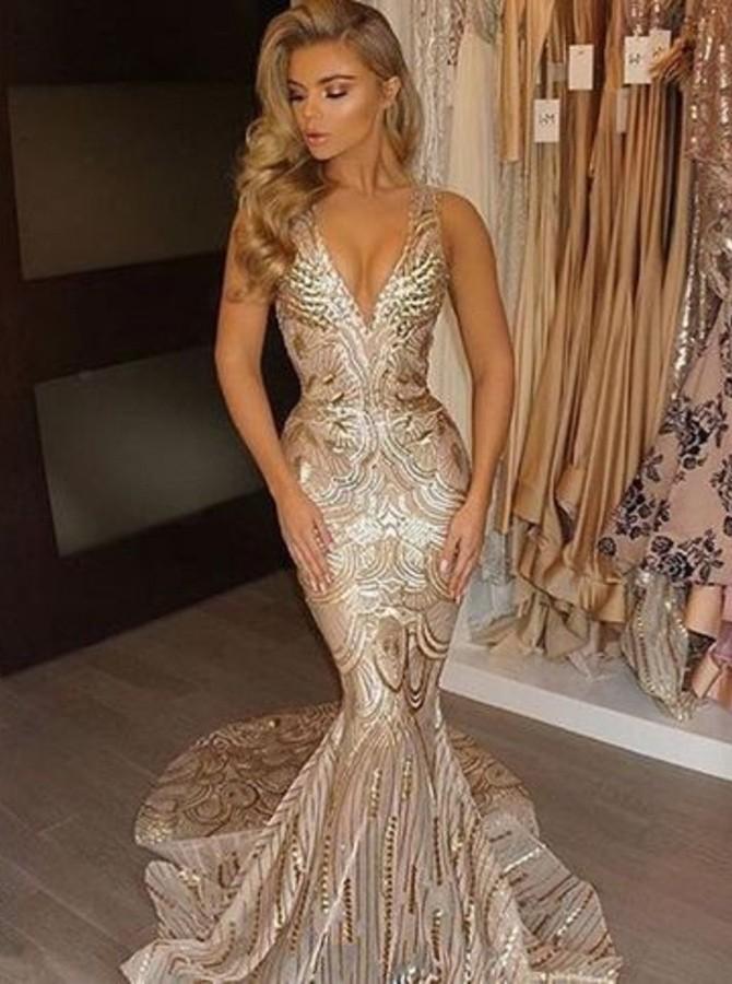 gold mermaid v neck court train sequined prom dress