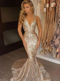 Gold Mermaid V-Neck Court Train Sequined Prom Dress MP1020