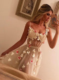 Beautiful A-Line Spaghetti Straps Tulle Handmade Flowers Prom Dress MP1019