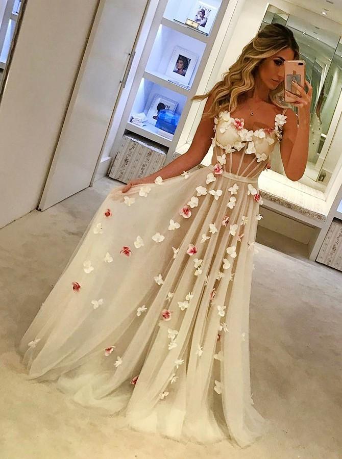 beautiful a line spaghetti straps tulle handmade flowers prom dress