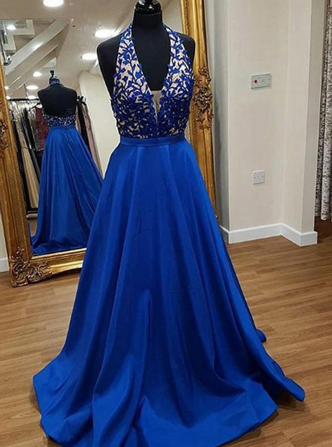 halter plunging neckline appliques satin long prom dress with pockets