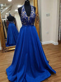 halter plunging neckline appliques satin long prom dress with pockets mp992