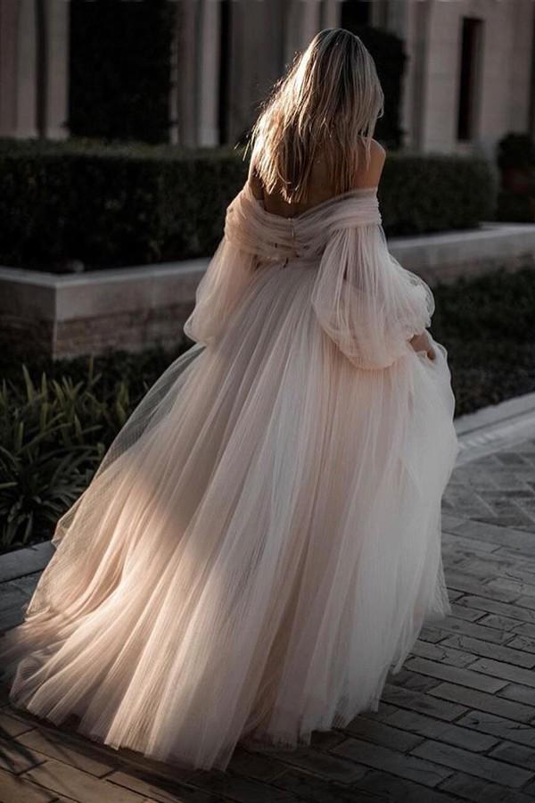 romantic appliques off shoulder tulle wedding dress with long puff sleeves