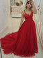 A-line Red Tulle Long Prom Dresses, Straps Formal Party Dress With Beading MG288