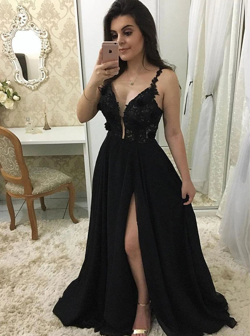 Black long prom dresses with appliques, sexy split evening dress mg291