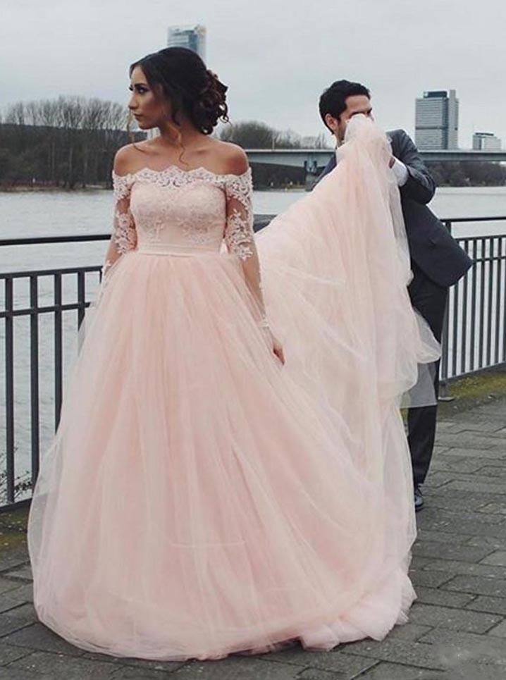 Off Shoulder Lace Appliques Long Sleeve Tulle Pink Wedding Dresses PW104