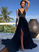 Simple A-line V-neck Long Black Prom Dresses, Sexy Evening Dress With Split MP12